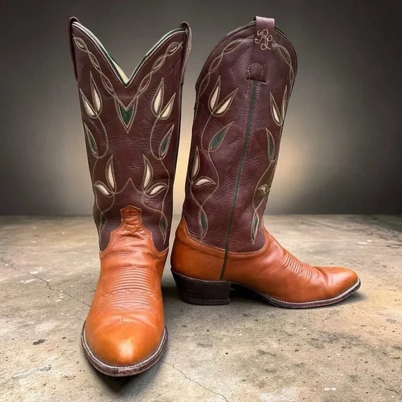 1970s • Ralph Lauren Leaf Inlay • Men’s 9.5 D Vintage Cowboy Western Boots